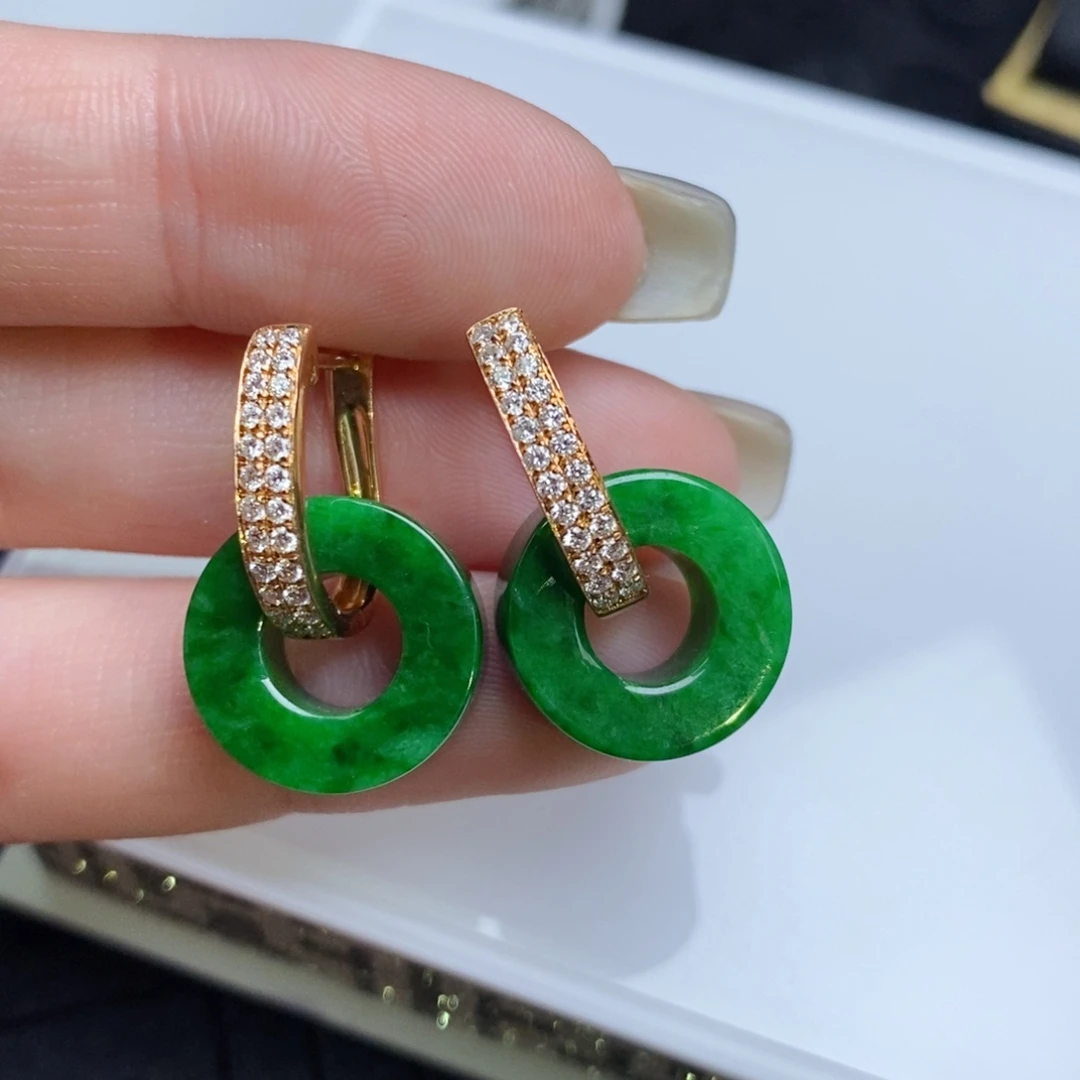 翡翠18K金镶嵌耳饰路路通