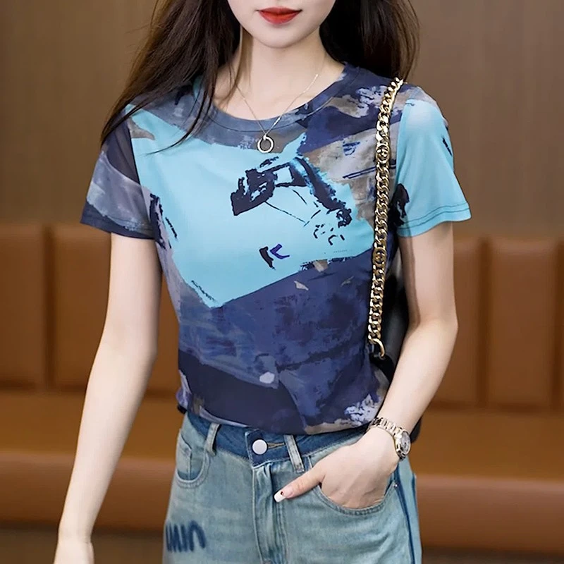 圆领短袖修身显瘦T恤女网纱韩版小众水墨印花夏季上衣3026
