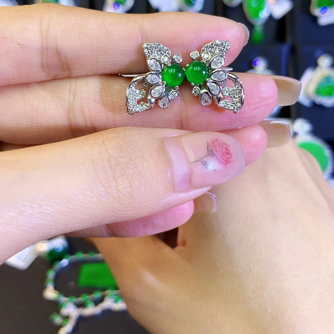 翡翠耳饰银S925镶嵌天然翡翠耳钉