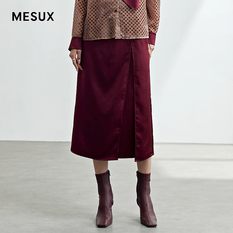 MESUX米岫秋季新品缎面扭结半身裙不规则收腰裙子女MLFUS401