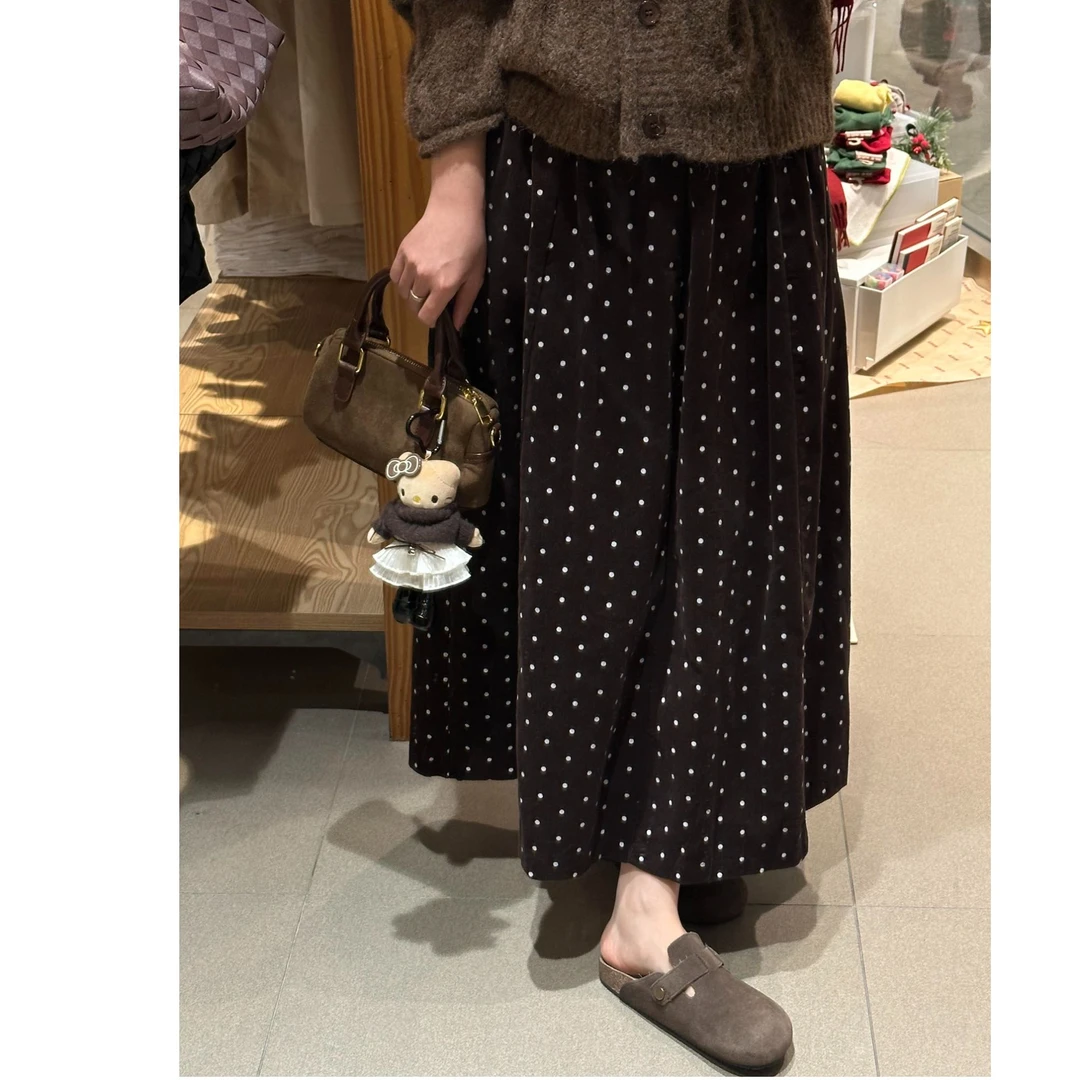 秋冬新款韩版加绒灯芯绒波点半身裙大码女装微胖mm高腰显瘦A字裙