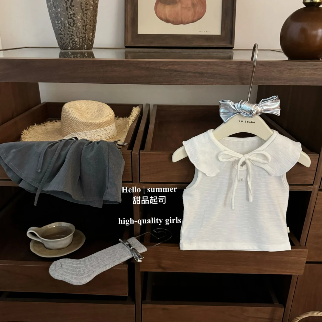 【甜品起司】韩国童装女宝宝甜美荷叶领无袖背心灰色裙裤洋气套装