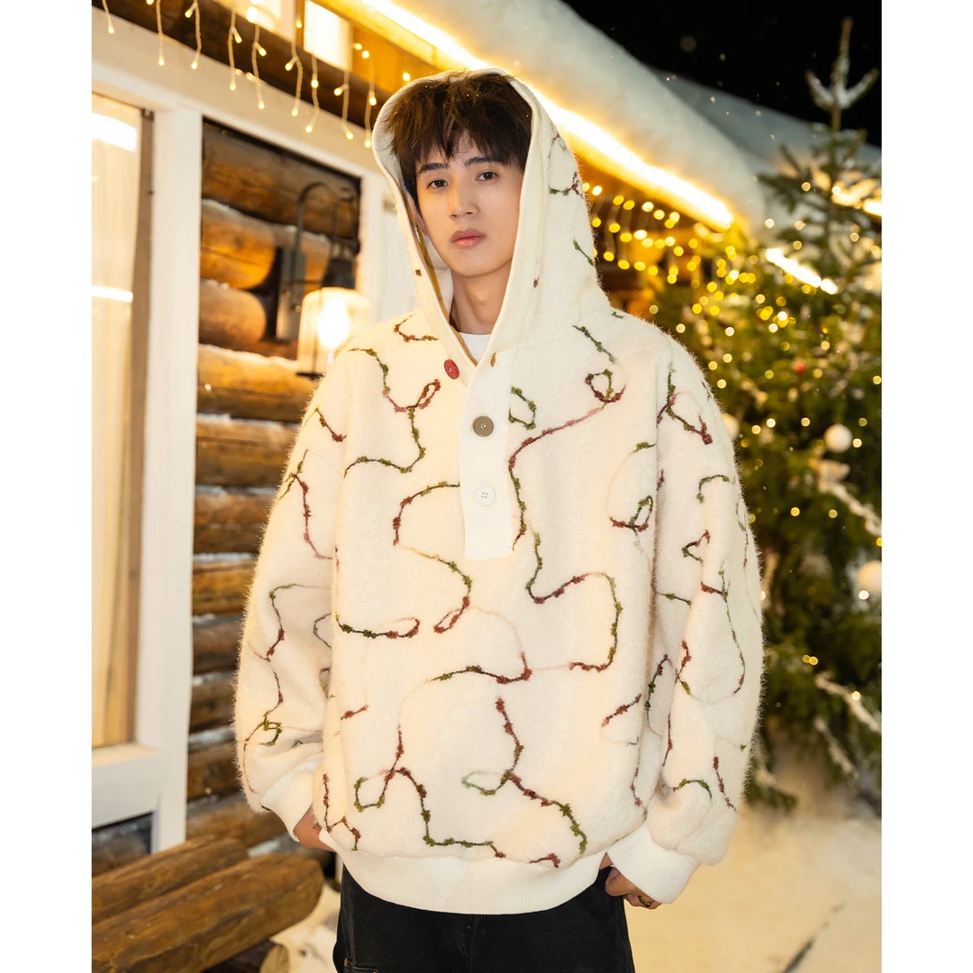 【彩色乐园】小众设计撞色提花连帽卫衣毛绒厚款宽松百搭上衣潮6077