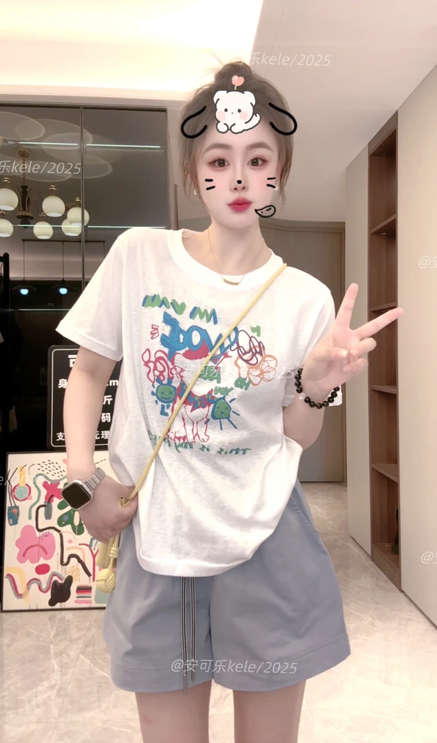 【安可乐】手绘 冰冰凉雪花棉轻薄款减龄宽松T恤宽松潮小众圆领D31