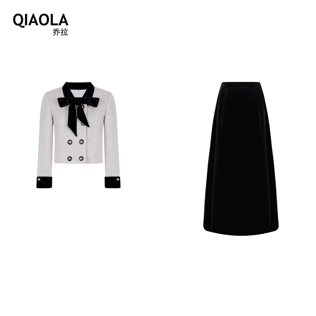 QIAOLA/乔拉【卡门】秋冬款混色毛呢双排扣拼色翻领蝴蝶结套装预售