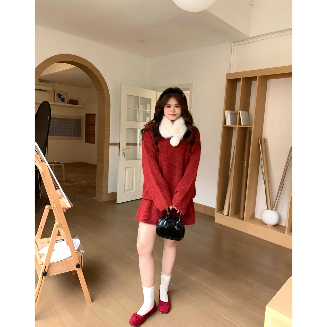 【邻家少女】大头婷微胖定制娃娃新年穿搭复古红色毛衣软糯套装