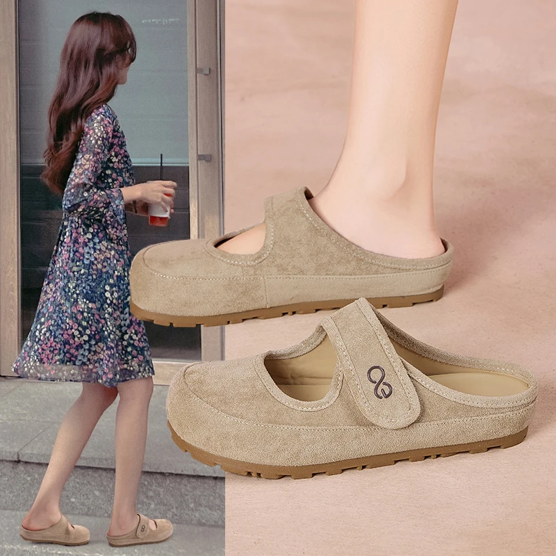 韩版包头修面皮休闲中跟包头拖厚底百搭仙女风透气凉鞋防滑