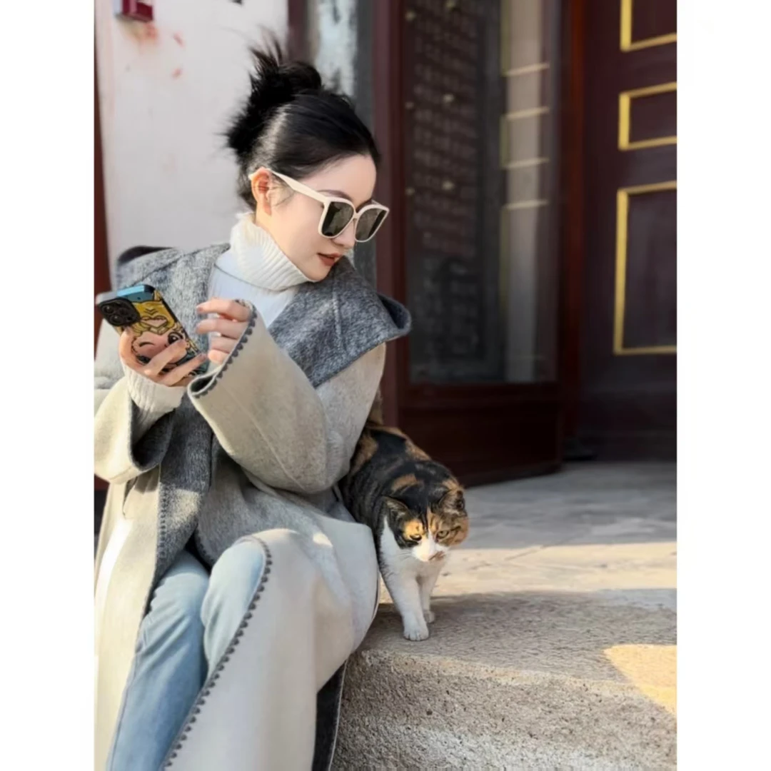 【YJing】2025新款轻奢渐变连帽两面穿双面绵羊毛大衣#2398