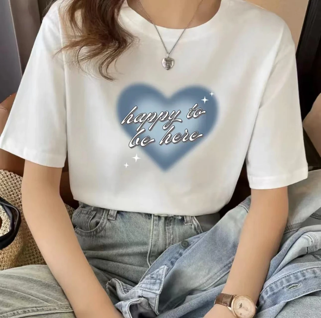 2025夏季短袖休闲透气上衣男女同款圆领印花T恤 蓝心