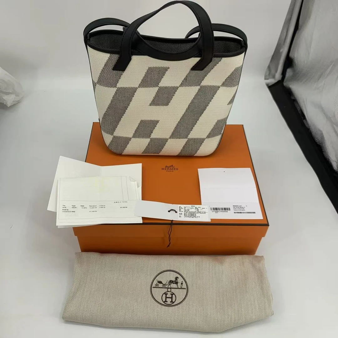 99新 Hermes/爱马仕 爱马仕CABAS黑白帆布Z单肩包8791061