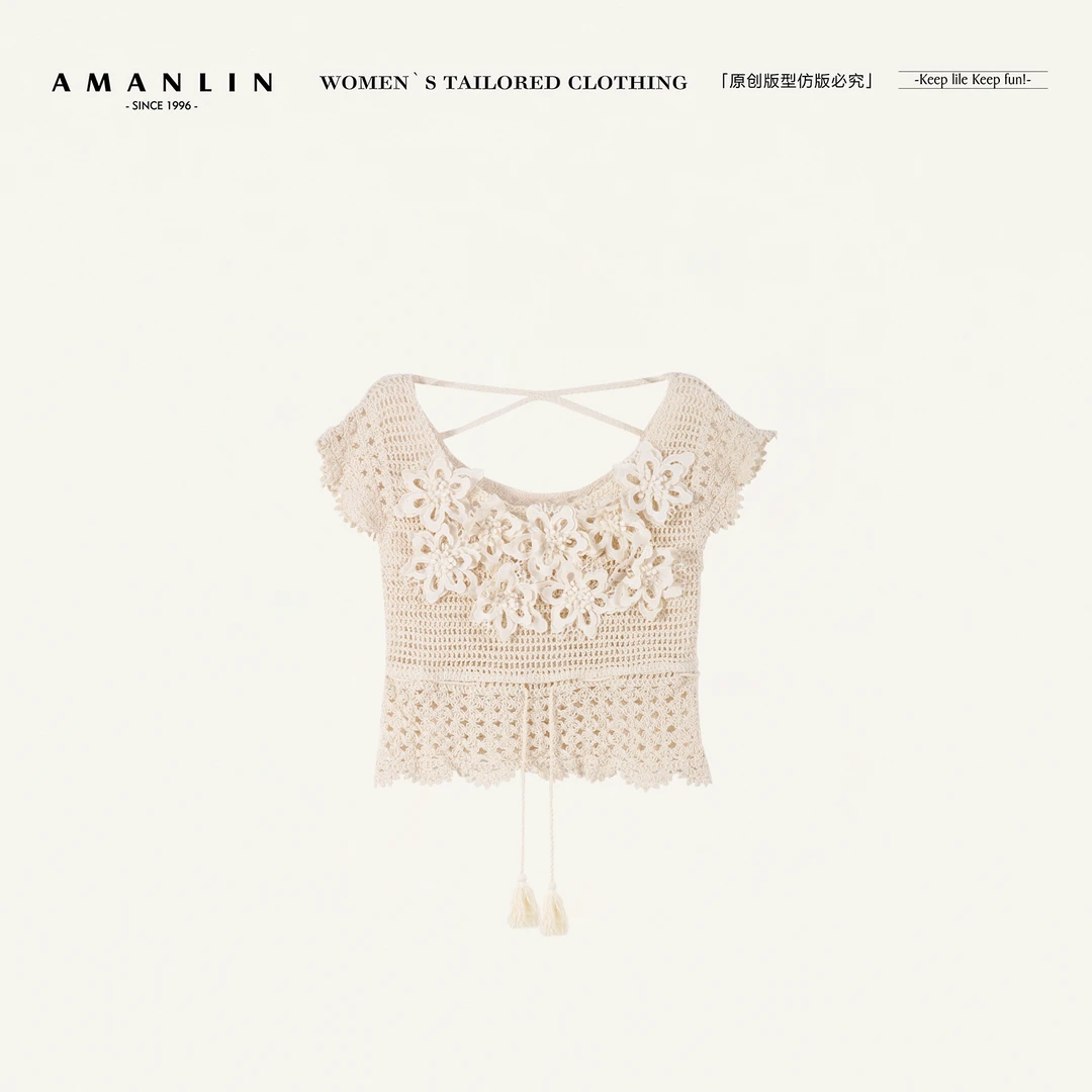 AMANLIN/阿谩琳欧若风夏季镂空花朵气质高级感短款上衣D598580