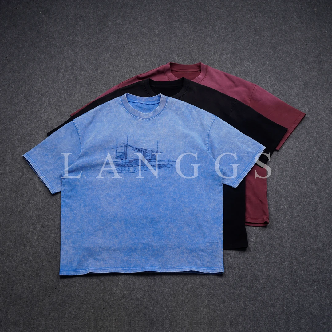 LANGGS&鸣谷 夏季欧美宽松复古重磅纯棉刺绣潮流水洗T恤-1526307