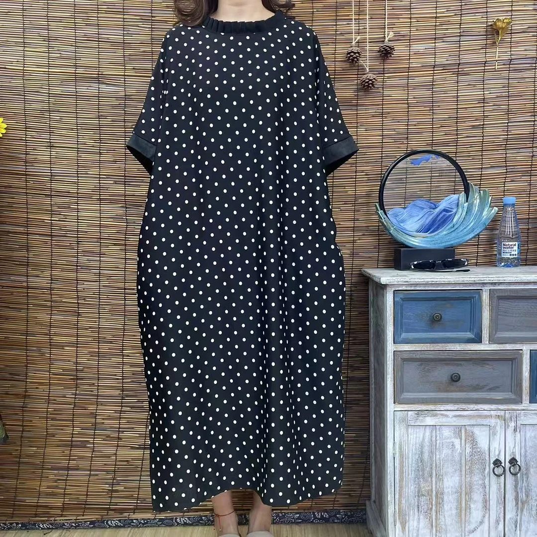 6221夏装新款连衣裙黑色木耳领黑底白色圆点宽松大码遮肚显瘦裙子