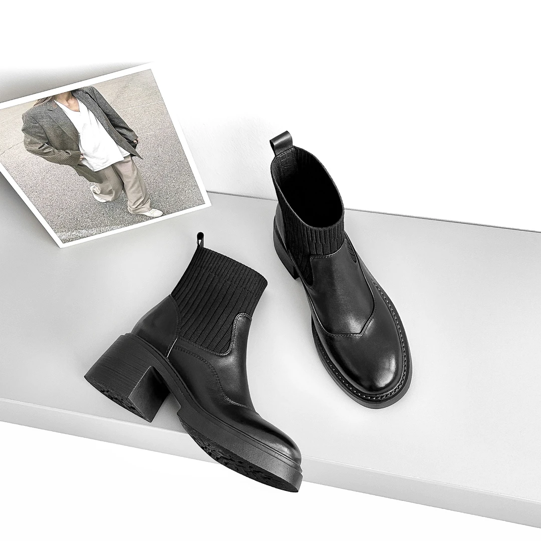 5.5cm/AL1605牛皮中跟短靴女秋冬加绒百搭显瘦弹力袜靴粗跟女靴