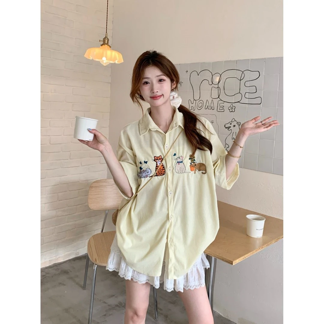 美式复古趣味可爱猫咪刺绣文艺休闲长袖衬衫女装夏季新款半袖衬衣