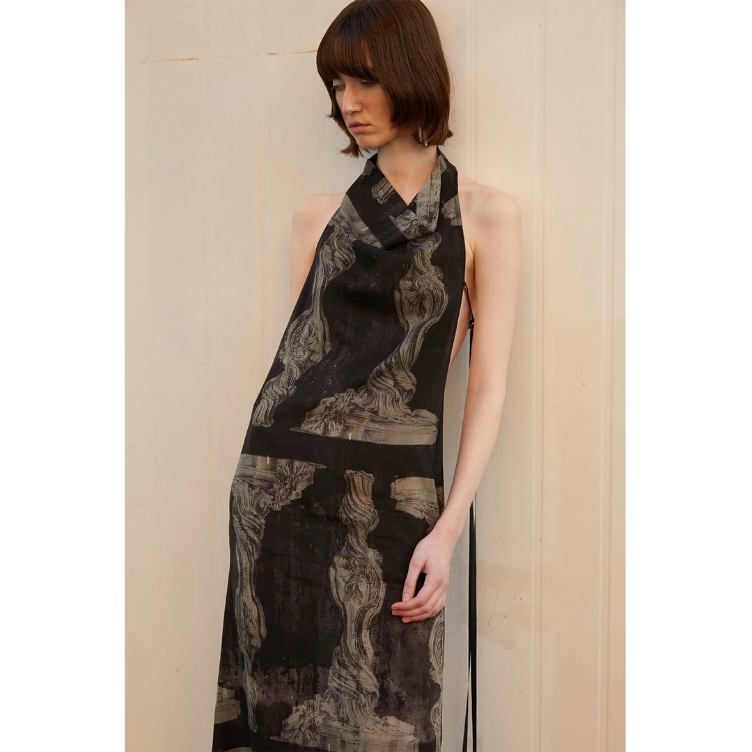 SIP CLASS新中式露背印花挂脖连衣裙女2024春夏小众设计感长裙子