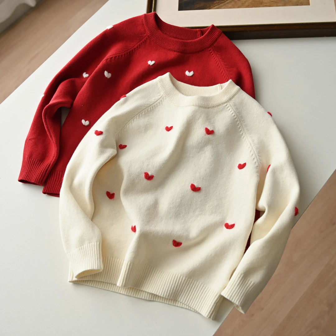 新年款棉线毛衣儿童圆领针织衫女童爱心长袖上衣 秋冬款 90534