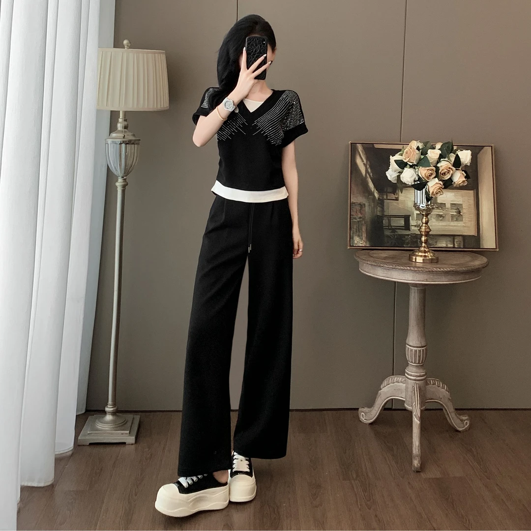 2025夏季新款轻奢重工烫钻休闲套装女显瘦假两件短袖阔腿裤两件套