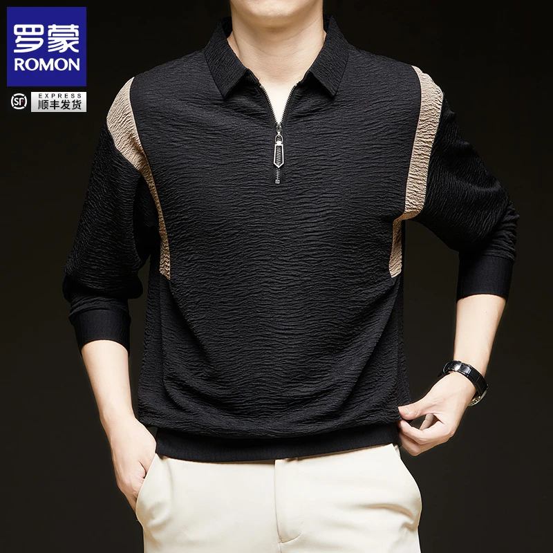 罗蒙男士春秋季商务休闲轻奢男士长袖POLO衫时尚简约百搭上衣