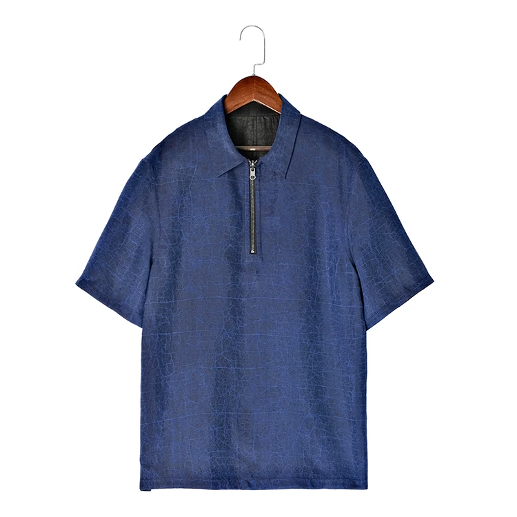 88272 双面POLO衫 桑蚕丝龟裂纹香云纱夏季中式宽松短袖男装衬衫