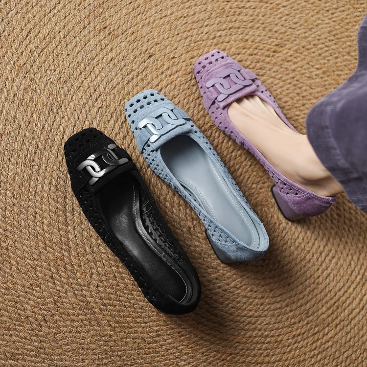 caiseto/羊皮/3.5cm/英伦风方头镂空粗跟单鞋女透气舒适百搭女鞋