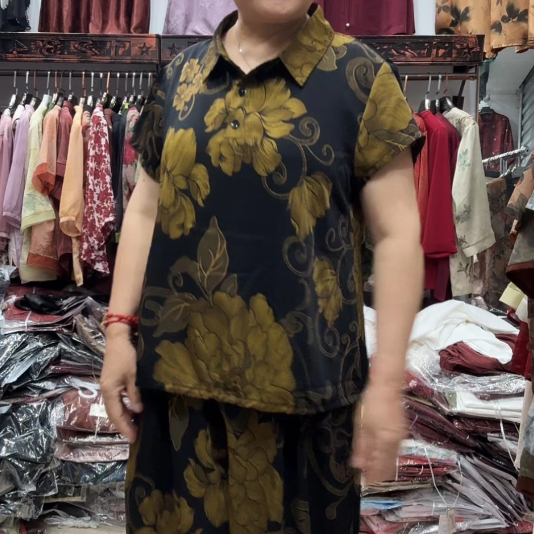 夏季通勤百搭减龄显瘦印花上衣与裤子两件套