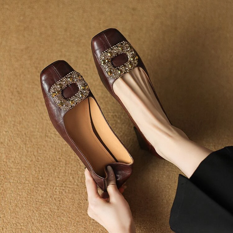 2025软皮软底方头浅口防水法式低跟水钻单鞋