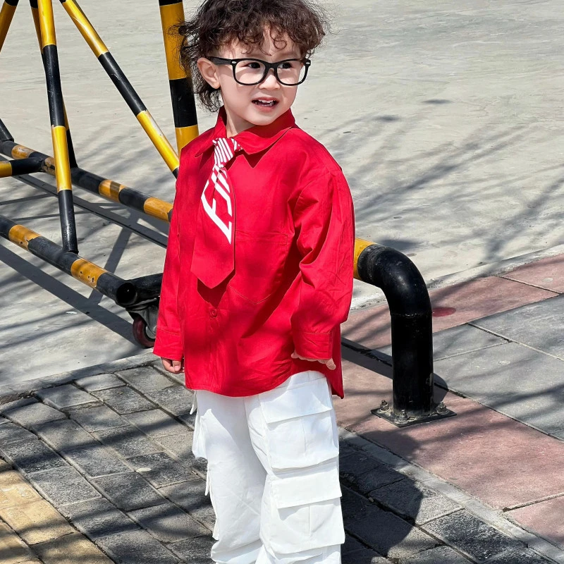 男童春季2025新款儿童宝宝潮酷红色衬衫上衣两件套潮多口袋工装裤