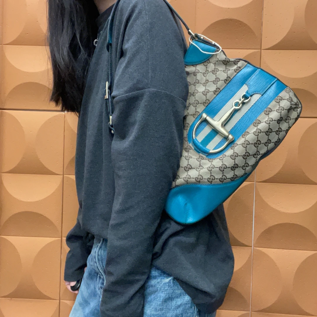 95新 GUCCI/古驰 【KK】 42 1221 棕色帆布拼靛青皮单肩包