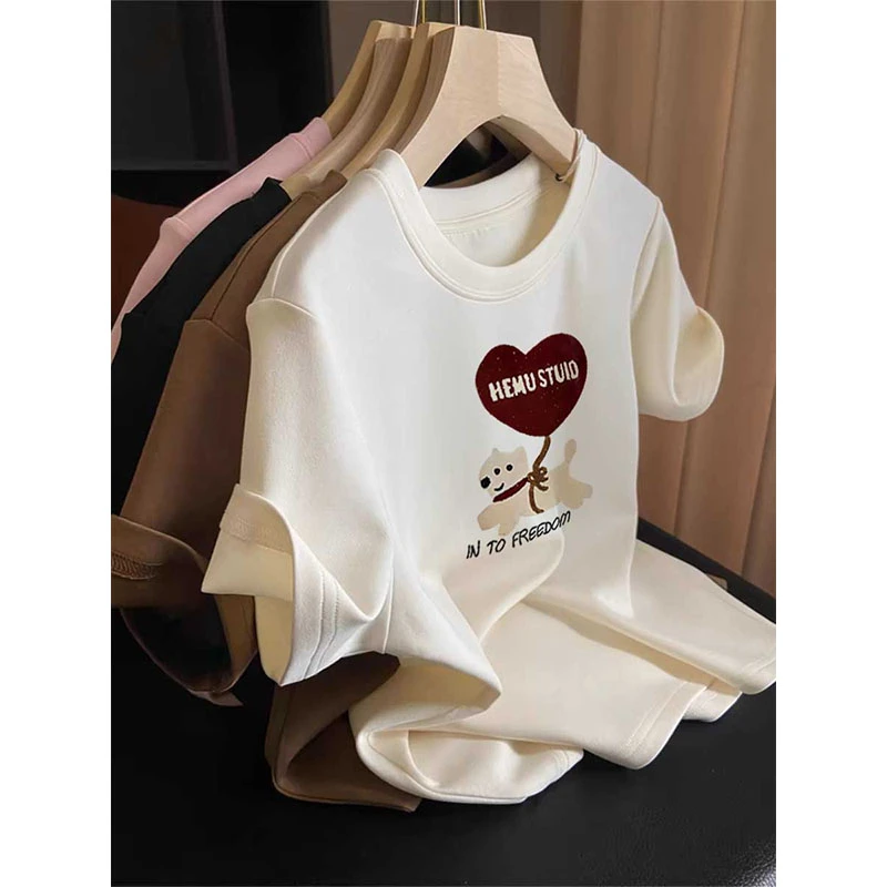 2025新款正肩白色磨毛短袖T恤女时尚百搭上衣打底衫春夏秋冬季潮