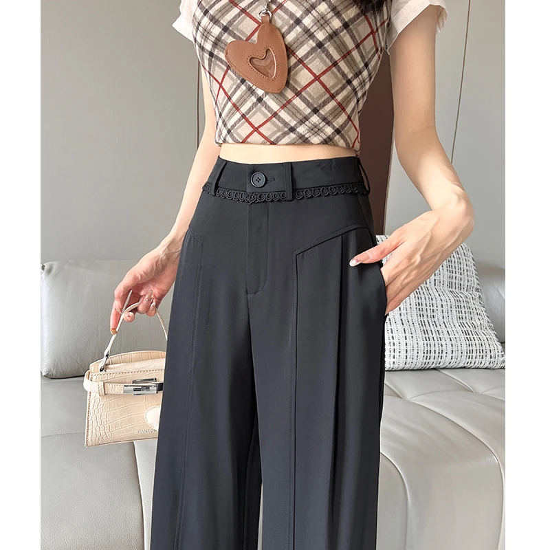 黑色阔腿直筒窄版女腰部花边2025年夏季薄款高腰百搭垂感西装裤子