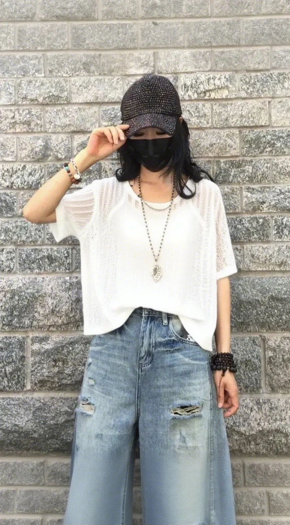 妮妮家7128夏季新款个性网纱镂空薄款短袖圆领T恤！