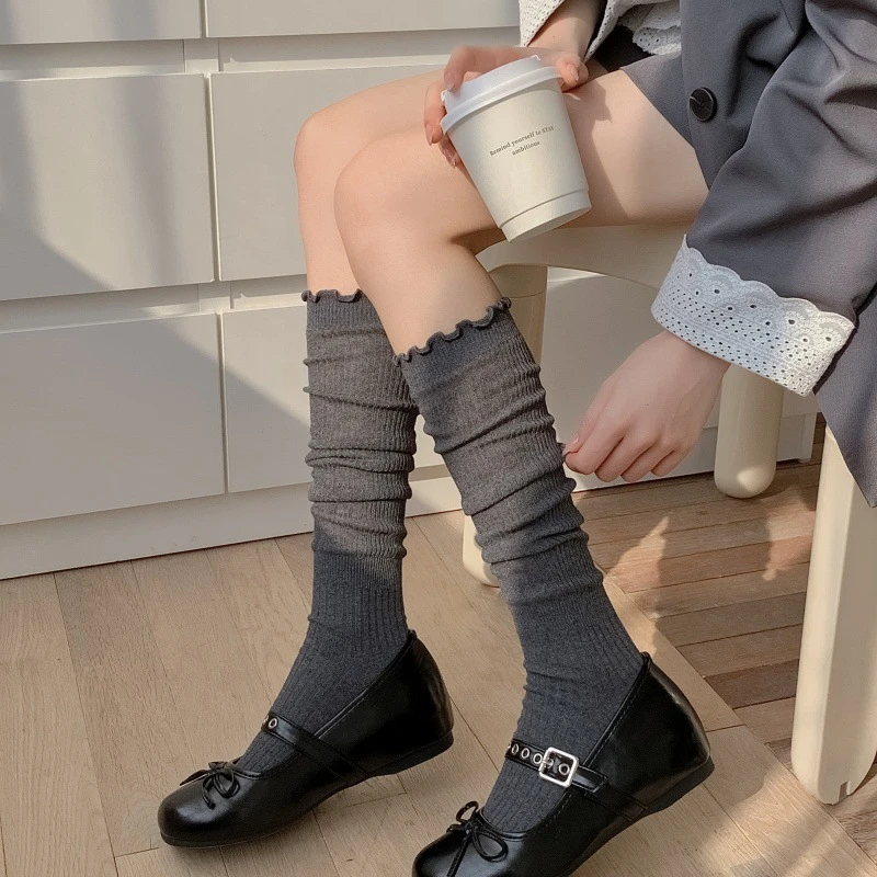 韩系花边纯色小腿袜子女春秋薄款竖纹显瘦百搭长筒美腿堆堆袜