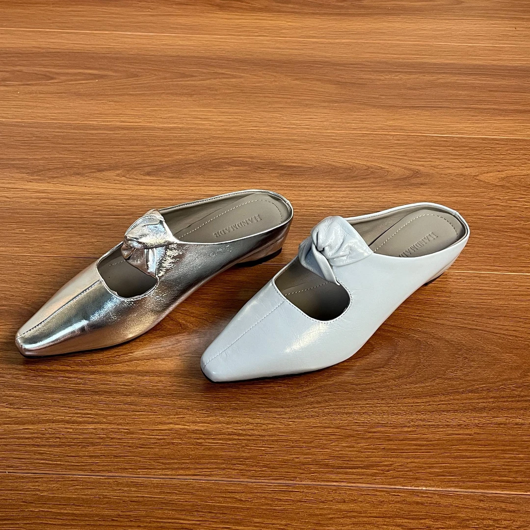 4CM头层羊皮包头半拖鞋女2025春镂空中口温柔软皮低跟时尚凉拖