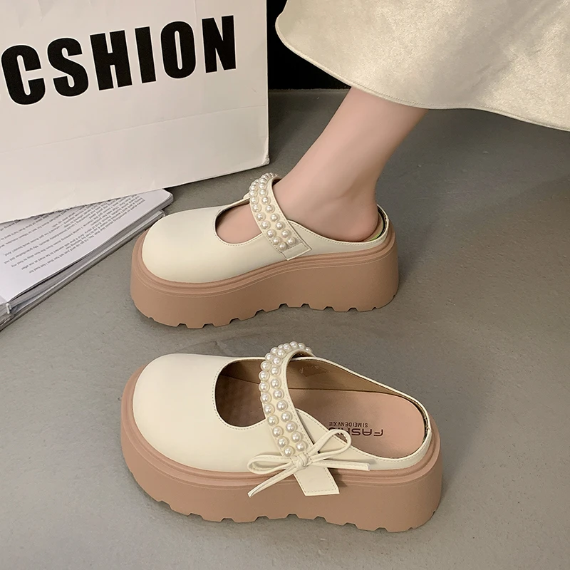 仙女风厚底包头珍珠拖鞋女2025春夏新款网红一脚蹬甜美包头勃肯鞋