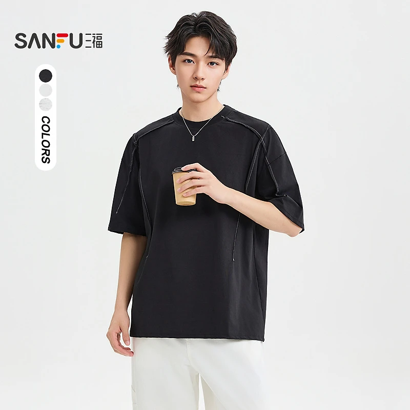 SANFU/三福25夏季男士分割拼接设计短T恤 休闲时尚圆领上衣504224