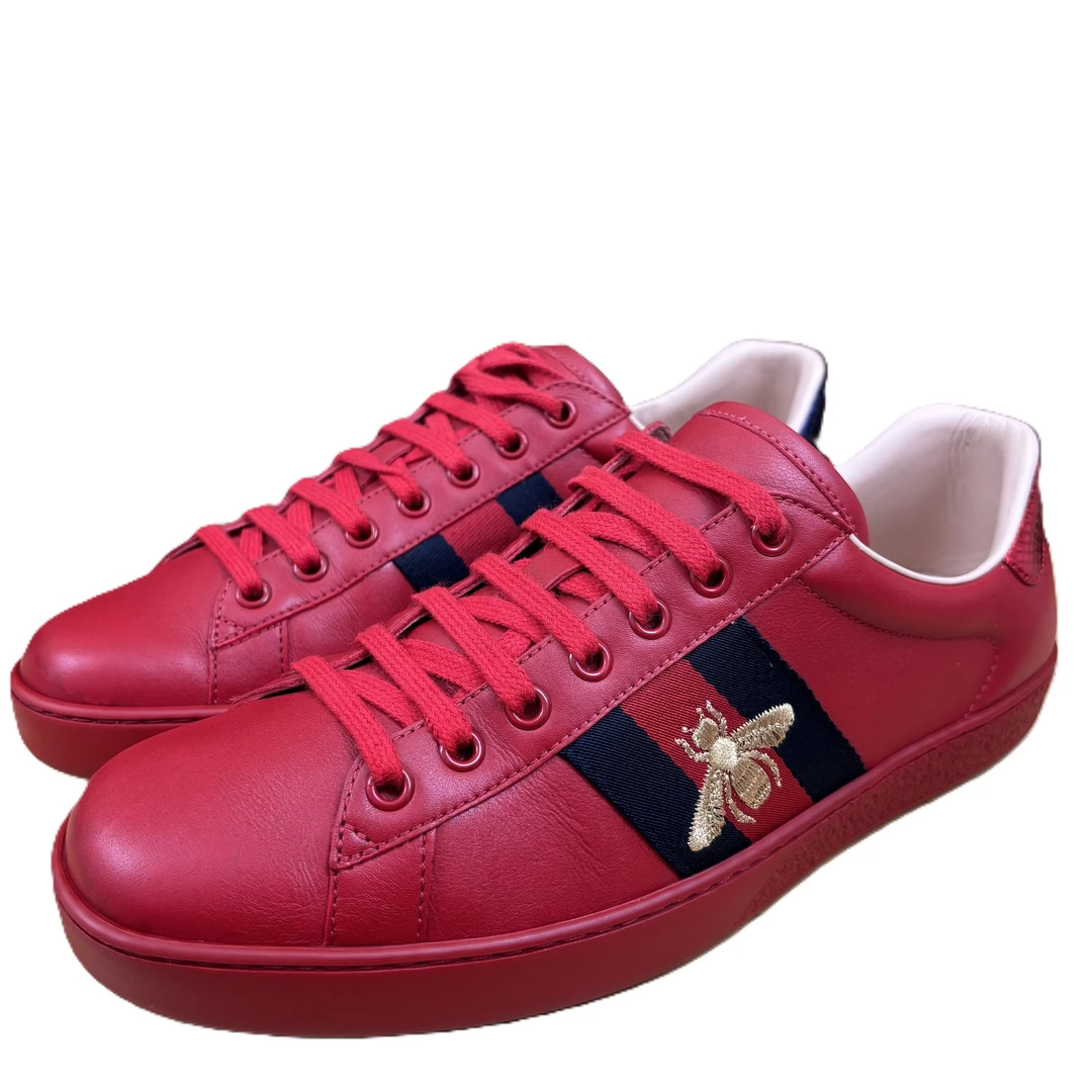 99新 GUCCI/古驰 红色全皮金色小蜜蜂刺绣搭配蓝红织物带系带板鞋