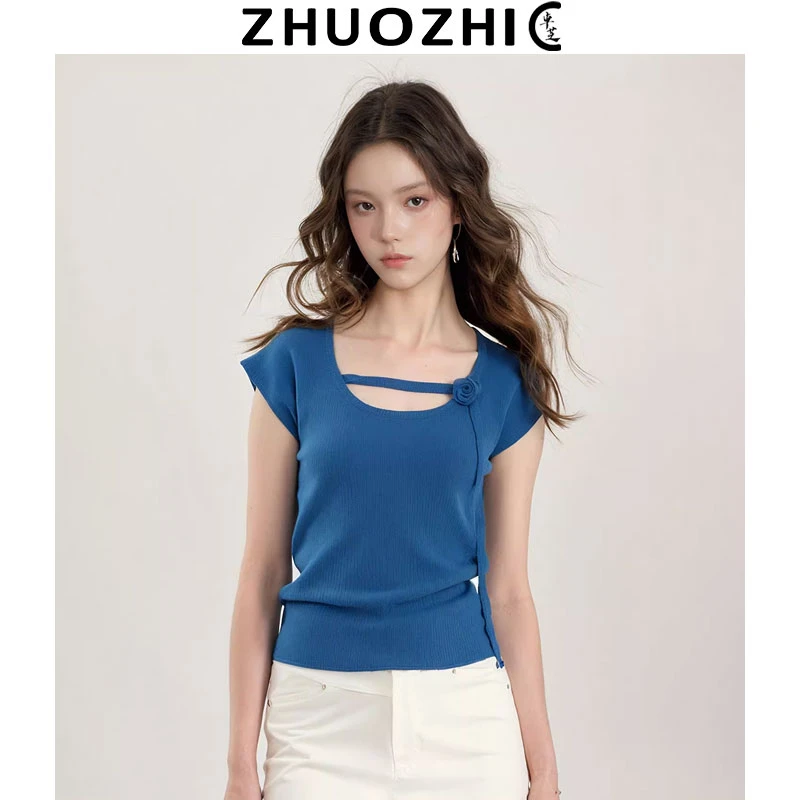 [卓芝]法式设计感方领扎花蓝色T恤2025夏季新款修身显瘦百搭上衣