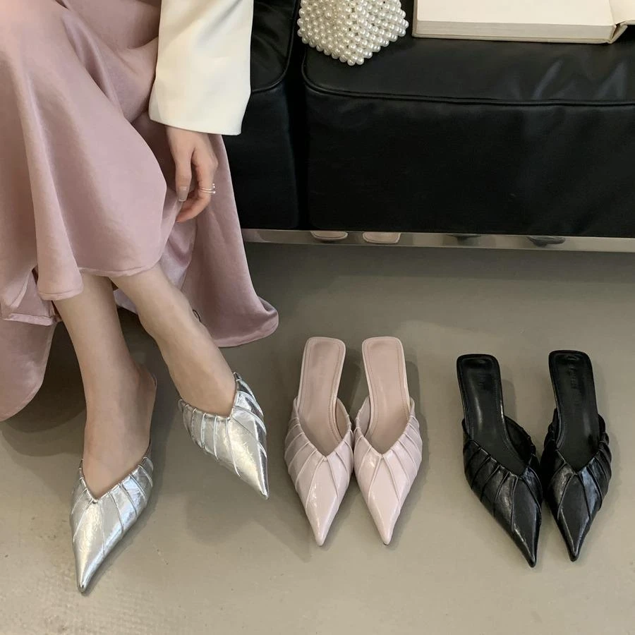 【FBZN官方正品】尖头浅口皱褶浅紫色外穿拖鞋女2025夏季包头穆勒