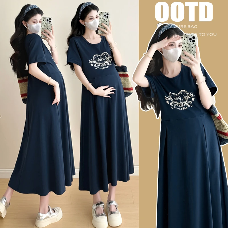 【M-4XL】孕妇新款2025夏装连衣裙休闲宽松大码短袖T恤裙