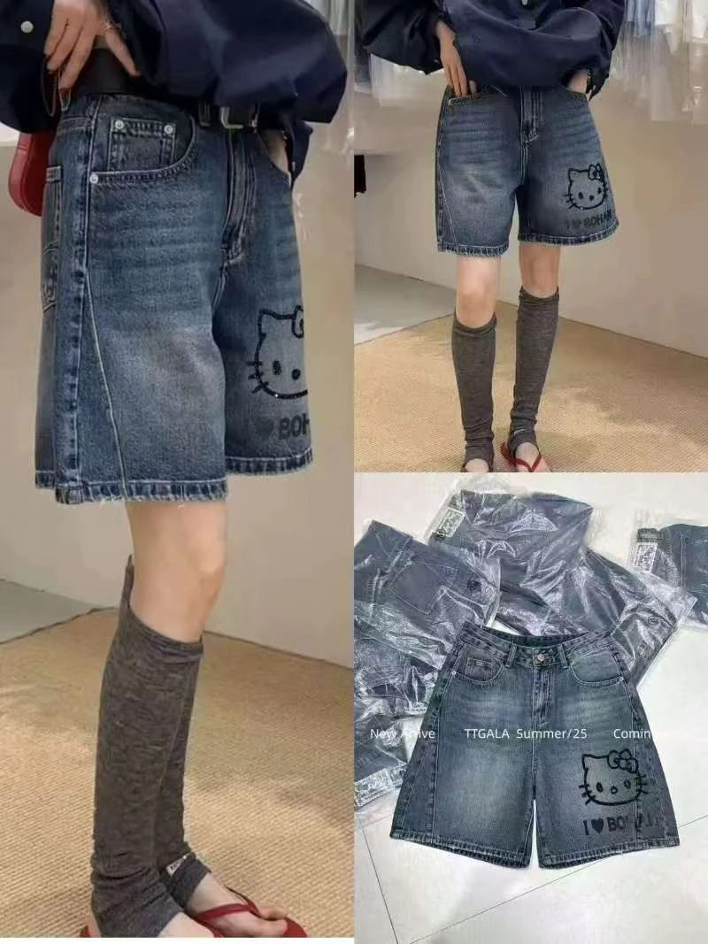 A01-烫钻Kitty猫牛仔五分裤