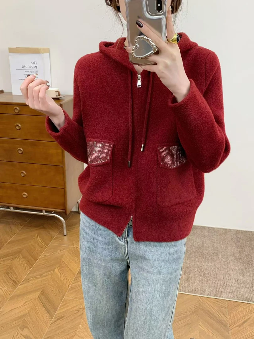 《霞姐服饰》冬季新款连帽拉链双面呢外套休闲时尚女气质货号：1053