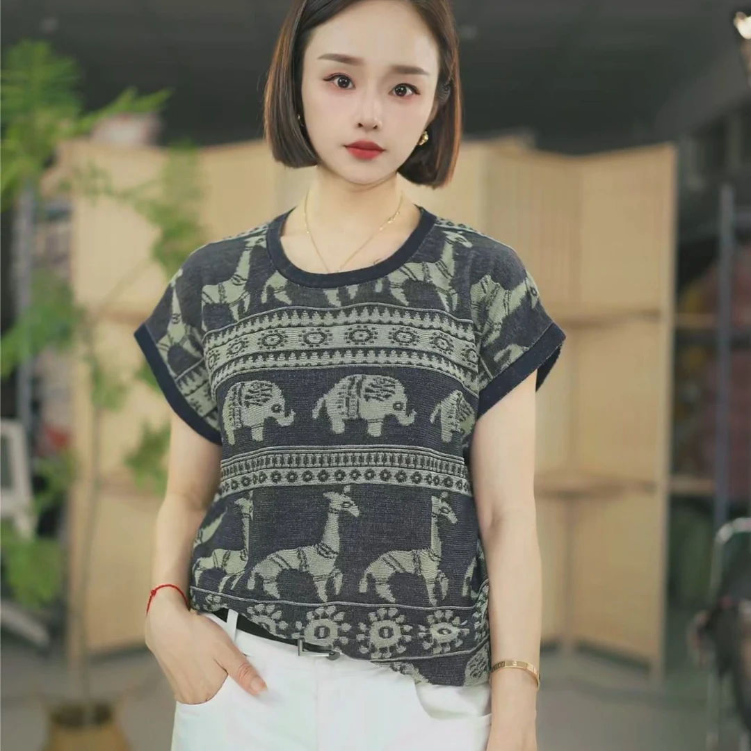 A14【家同】专柜正品100%莱赛尔天丝新款提花动物减龄短袖宽松显瘦