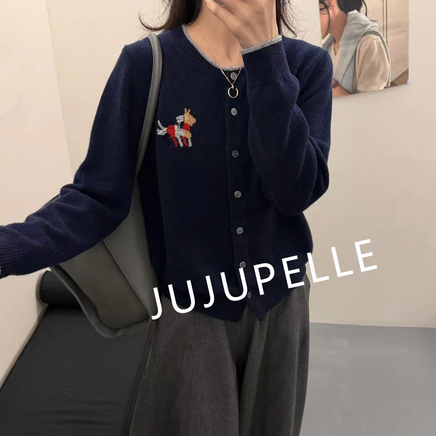 刺绣小马撞色针织开衫2025秋冬新款卡通设计感减龄韩版女毛衣长袖