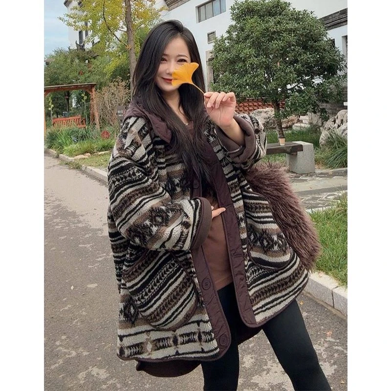 欧洲站2025冬季新款高级感休闲百搭宽松单排扣时尚羊羔毛连帽外套