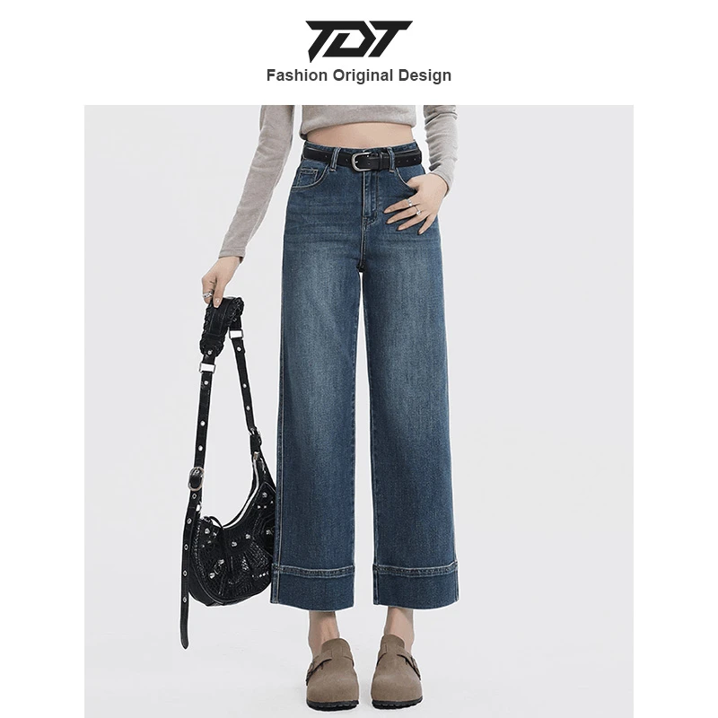 「TDT」复古烟管直筒牛仔裤女2025春秋高腰显瘦窄版法棍九分裤