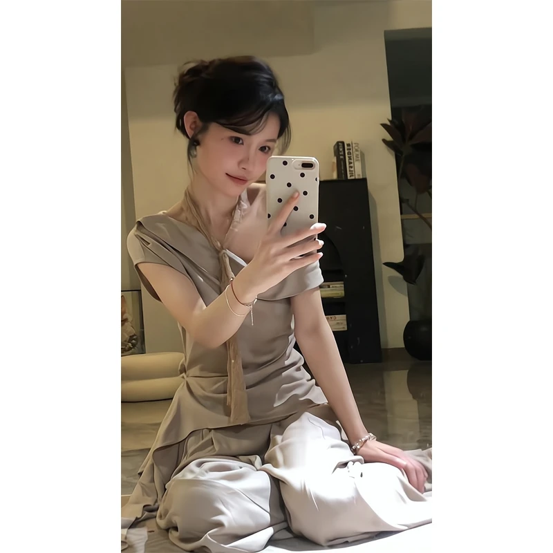 夏季新款斜肩外穿露肩飘带上衣大方得体直筒宽松休闲垂感阔腿裤女