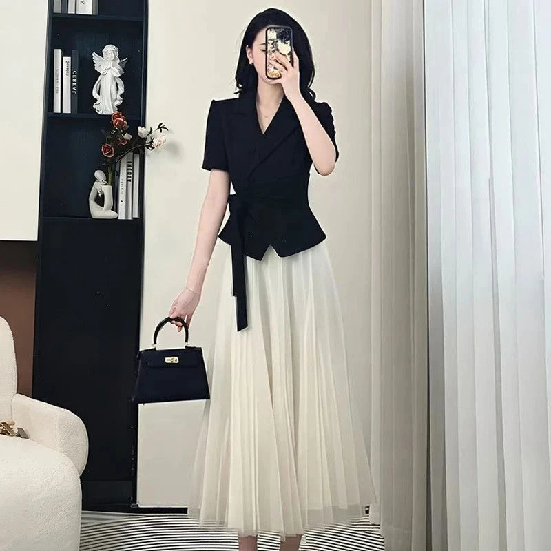 2025新款气质夏季西装高级感上衣超仙的半身网纱裙两件套套装女