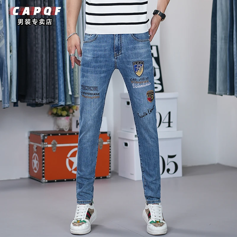 高端刺绣牛仔裤男款2025夏季爆款潮流弹力修身小脚潮牌蓝色裤子薄