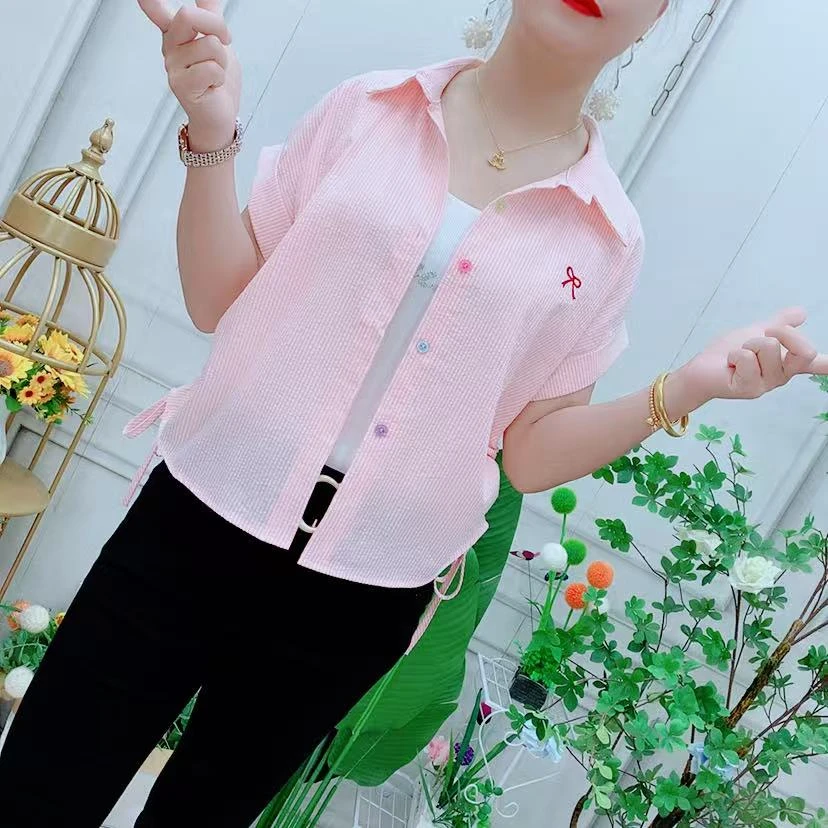 韩系设计感Polo领撞色条纹衬衫女夏季2025抽褶系带宽松单排扣上衣